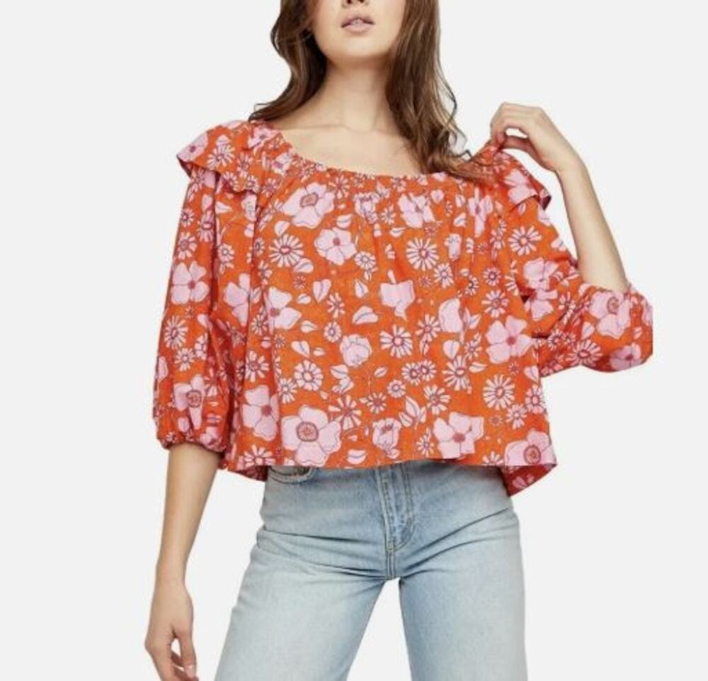Free People Crop Top Womens Medium Orange Pink Floral Miss Daisy Smocked